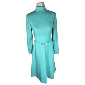 VTG 70s Alfred Werber Turquoise Blue Turtleneck Belted Fit Flare Dress FABULOUS